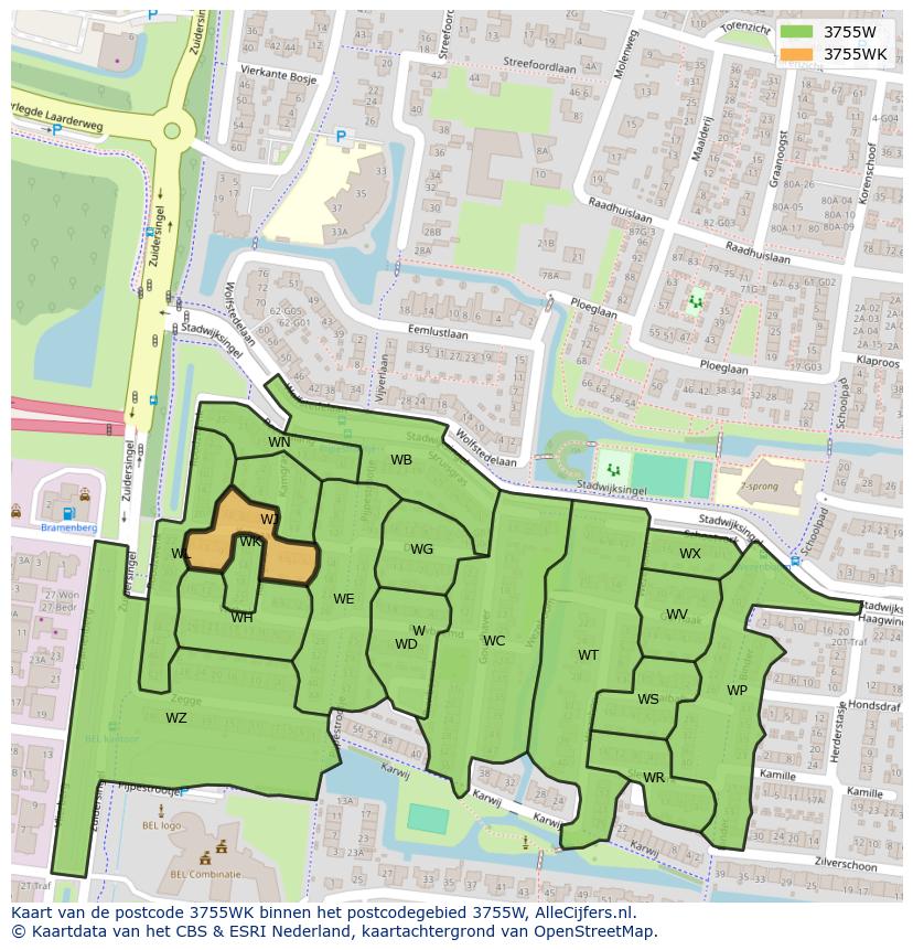 Afbeelding van het postcodegebied 3755 WK op de kaart.