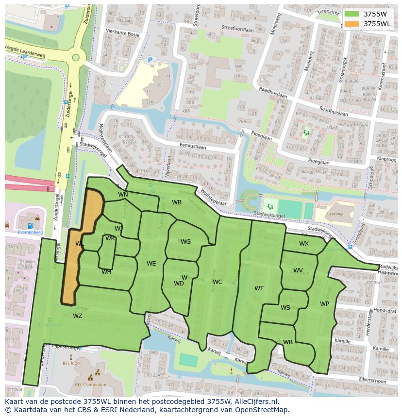 Afbeelding van het postcodegebied 3755 WL op de kaart.