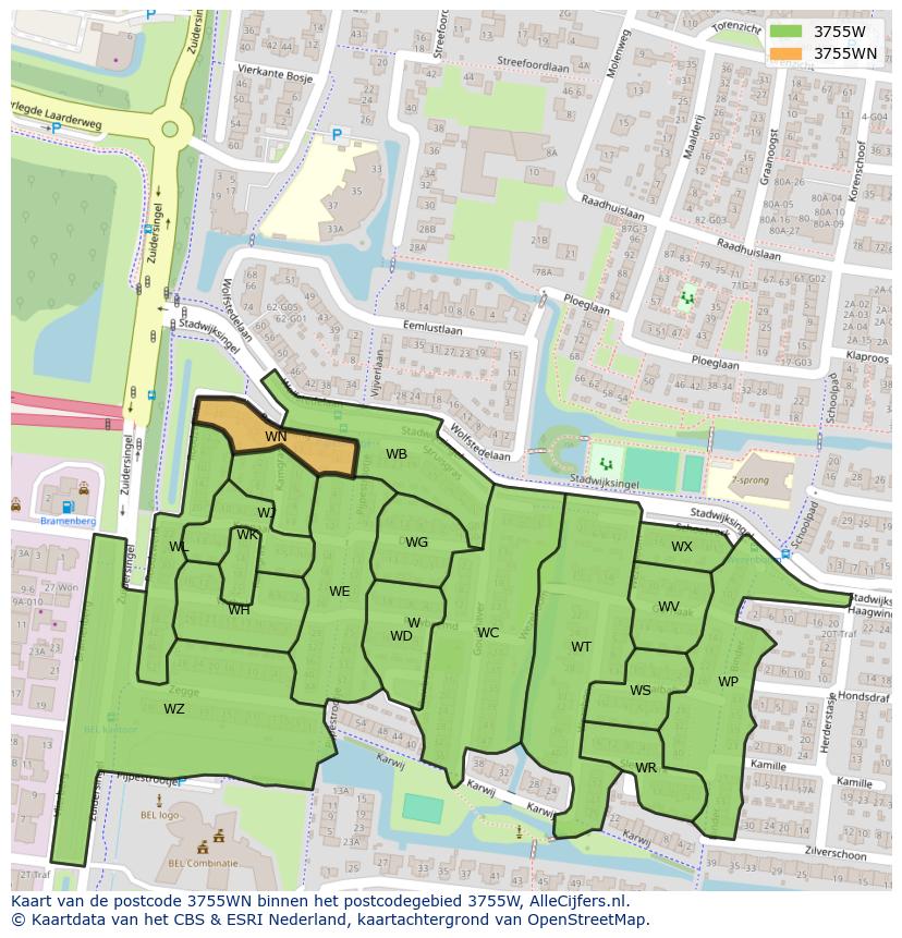 Afbeelding van het postcodegebied 3755 WN op de kaart.