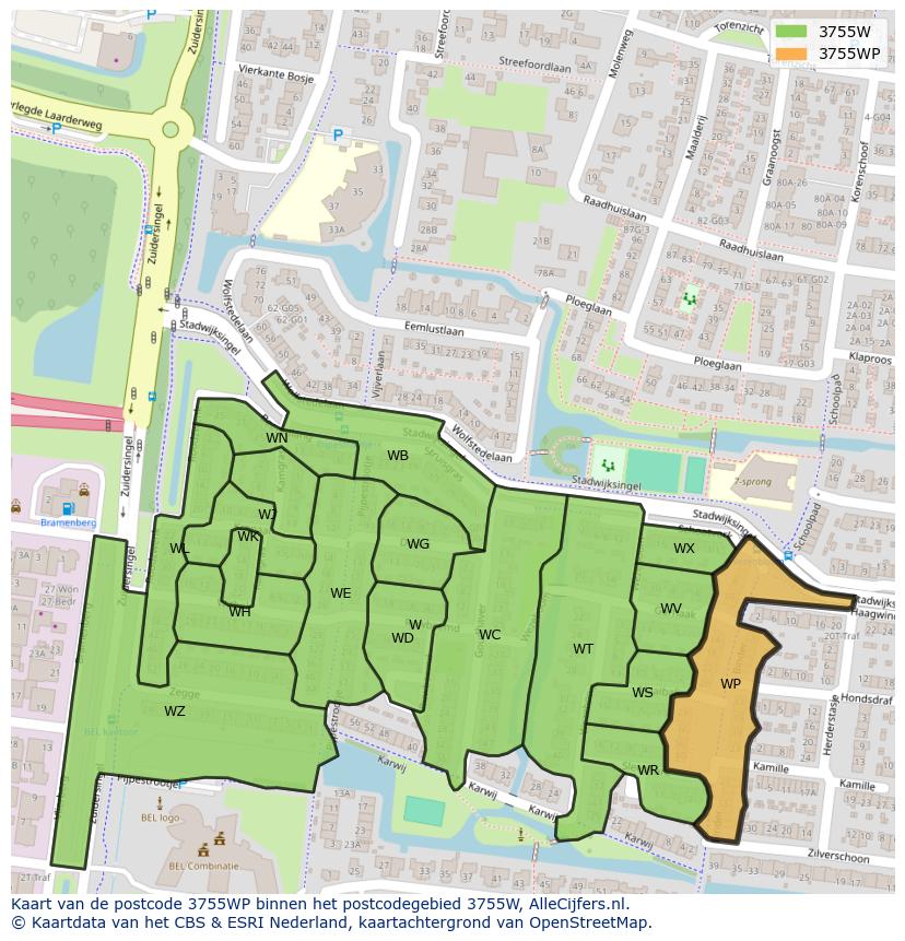 Afbeelding van het postcodegebied 3755 WP op de kaart.