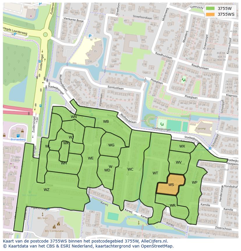 Afbeelding van het postcodegebied 3755 WS op de kaart.