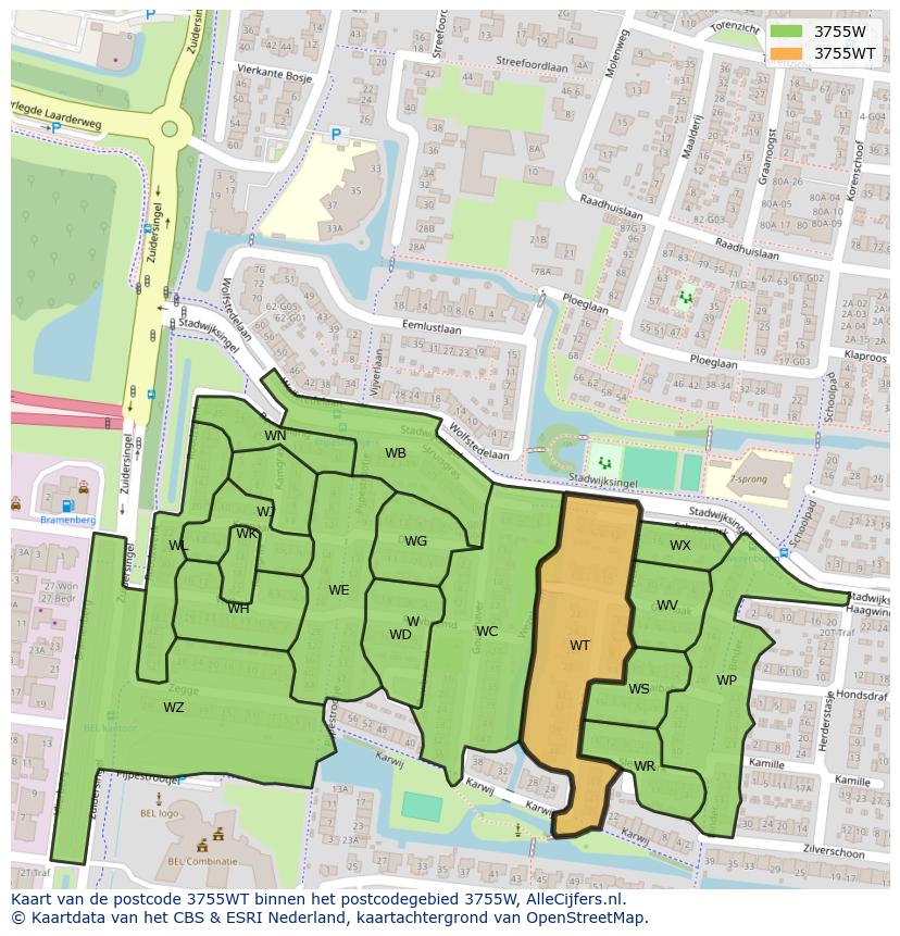 Afbeelding van het postcodegebied 3755 WT op de kaart.
