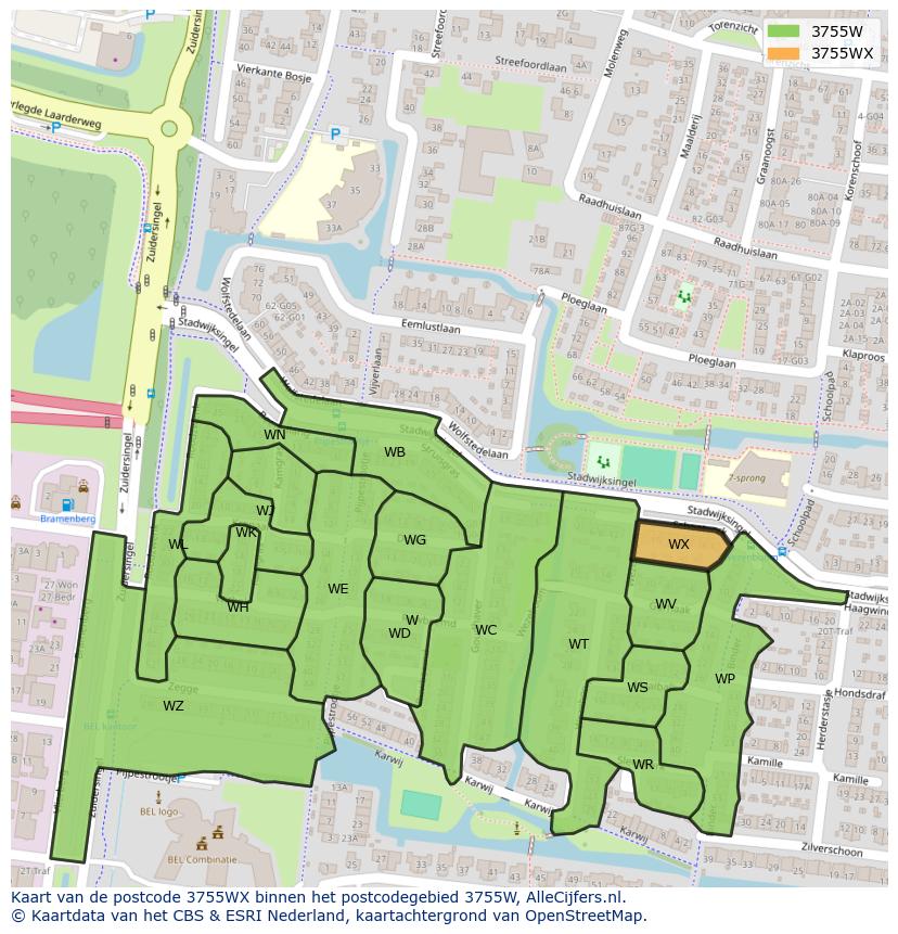 Afbeelding van het postcodegebied 3755 WX op de kaart.