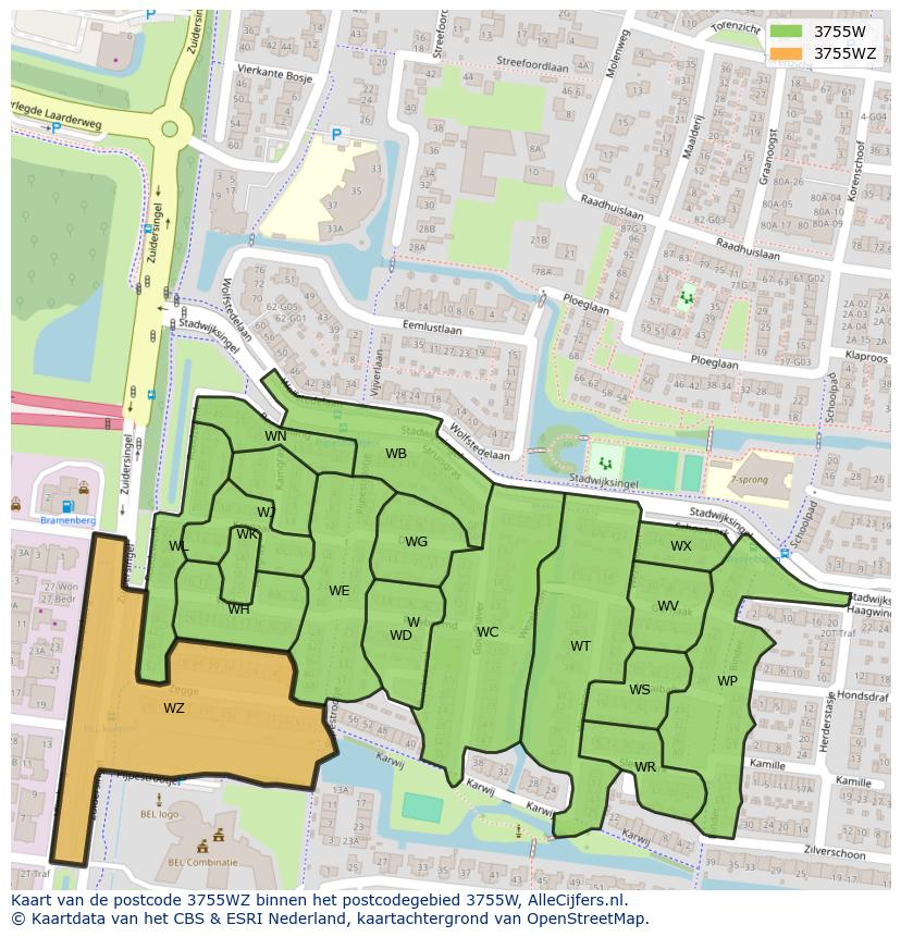 Afbeelding van het postcodegebied 3755 WZ op de kaart.