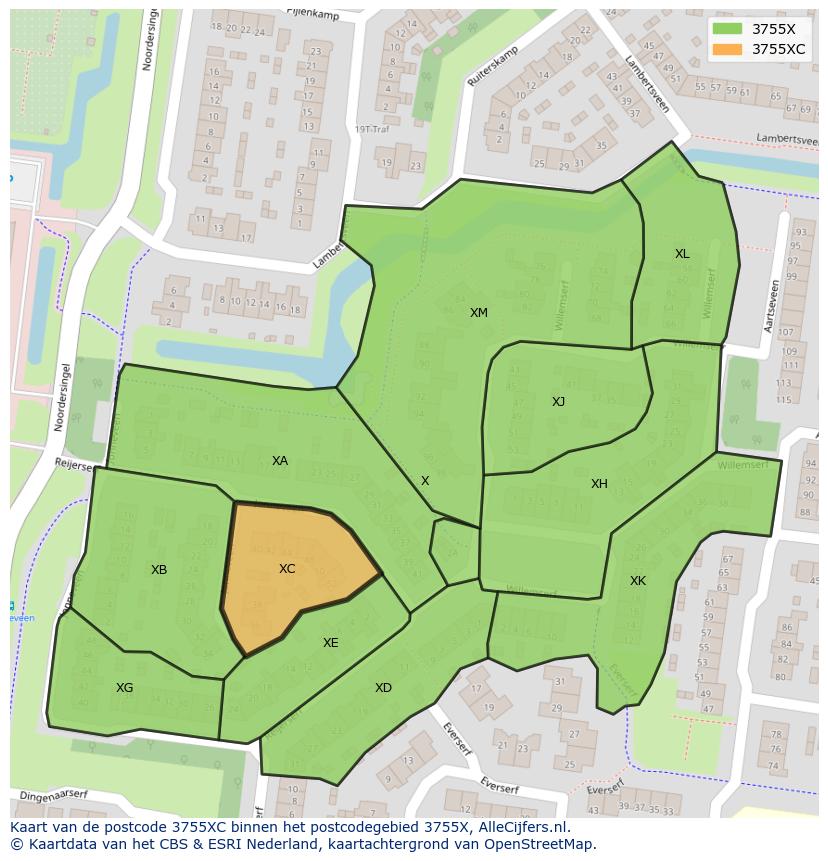 Afbeelding van het postcodegebied 3755 XC op de kaart.
