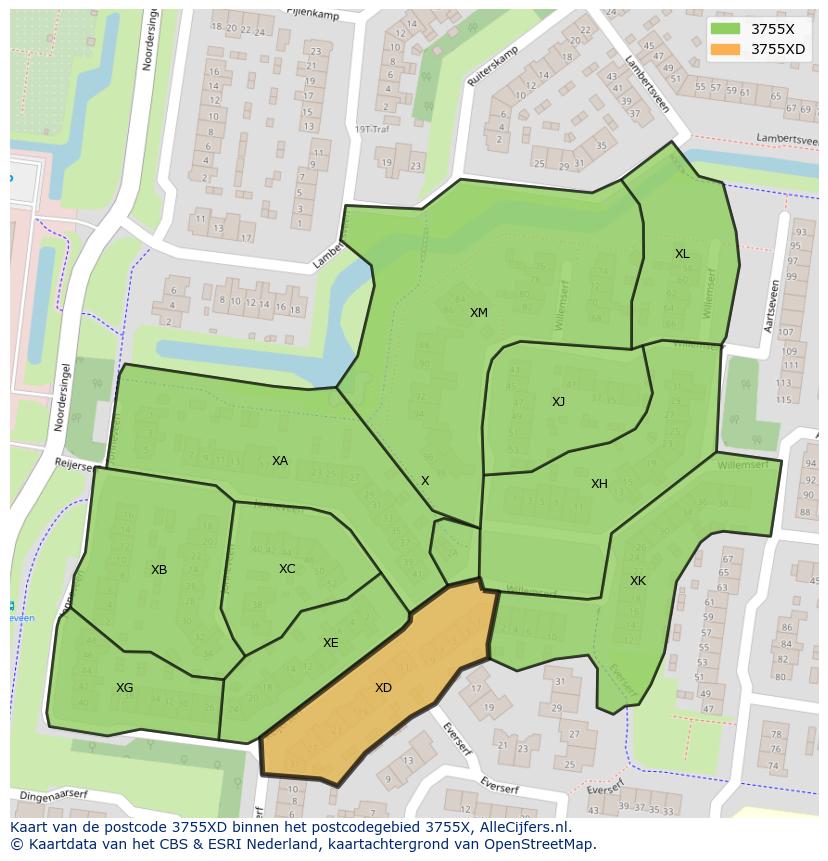 Afbeelding van het postcodegebied 3755 XD op de kaart.