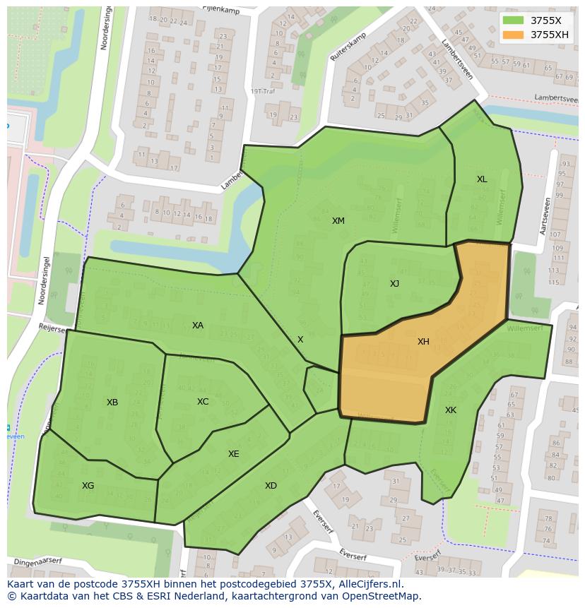 Afbeelding van het postcodegebied 3755 XH op de kaart.