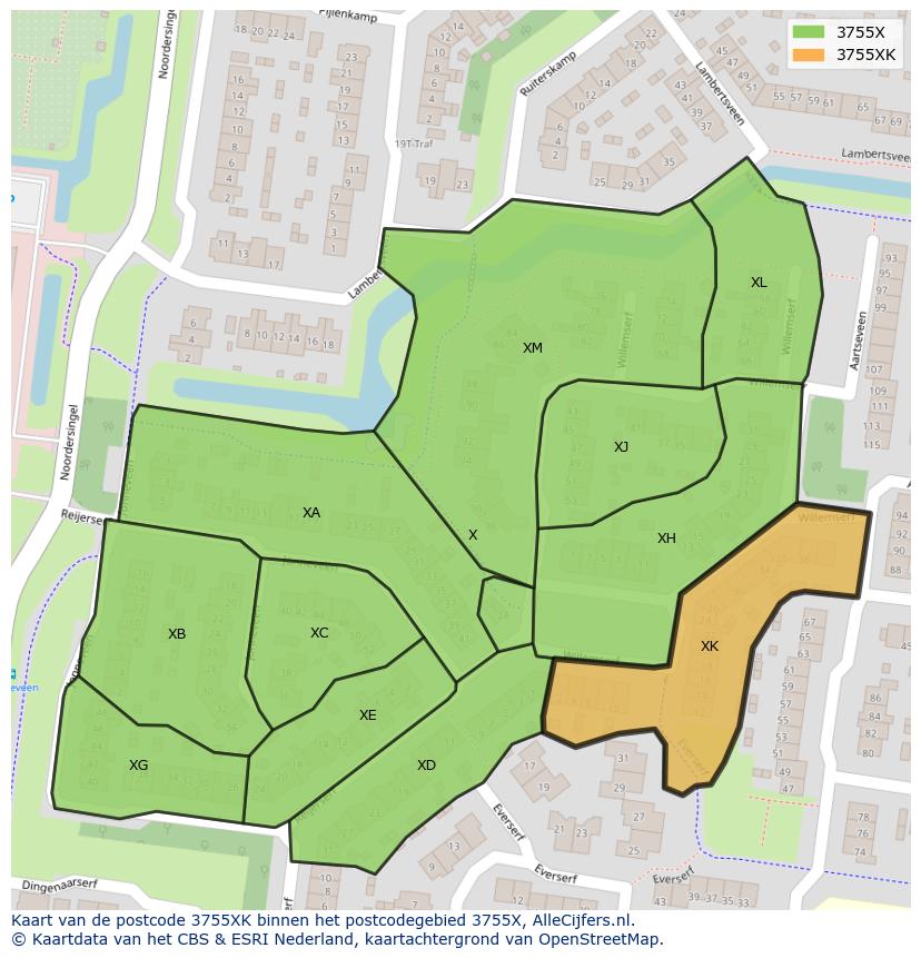 Afbeelding van het postcodegebied 3755 XK op de kaart.