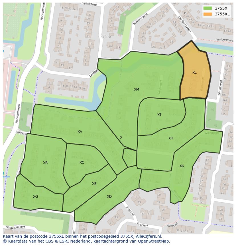 Afbeelding van het postcodegebied 3755 XL op de kaart.