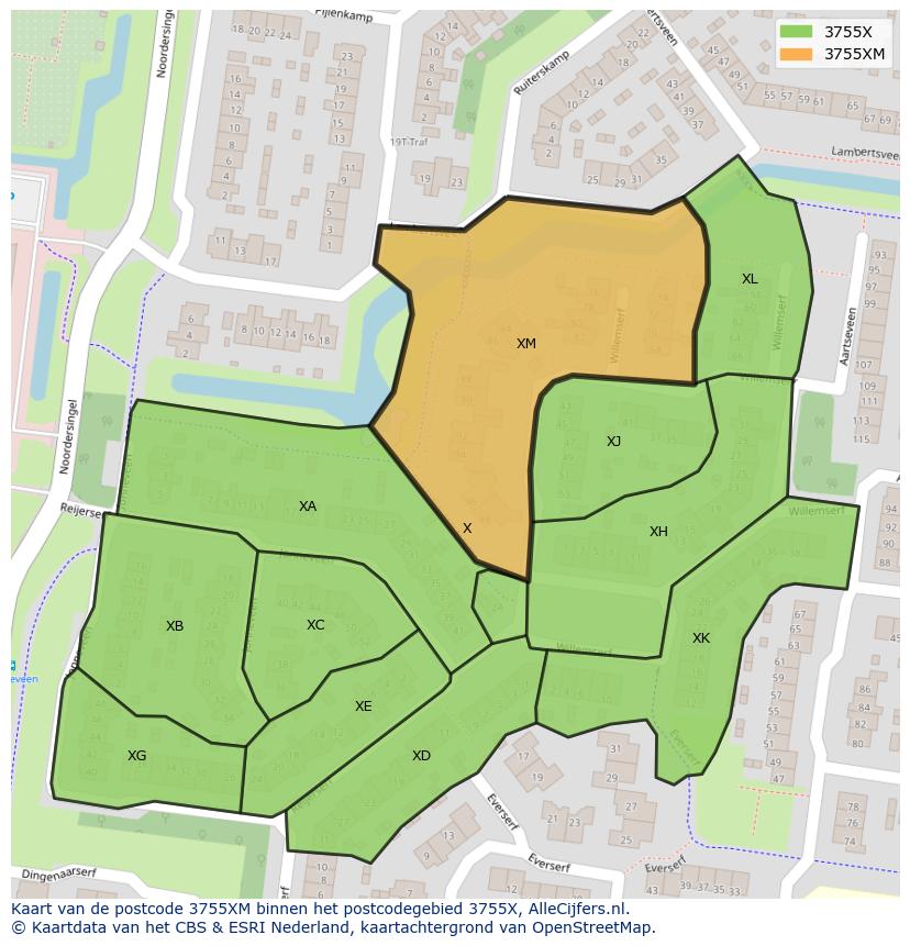 Afbeelding van het postcodegebied 3755 XM op de kaart.