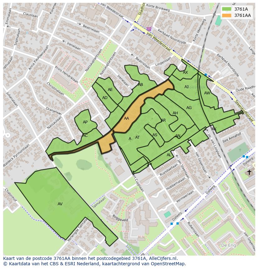 Afbeelding van het postcodegebied 3761 AA op de kaart.