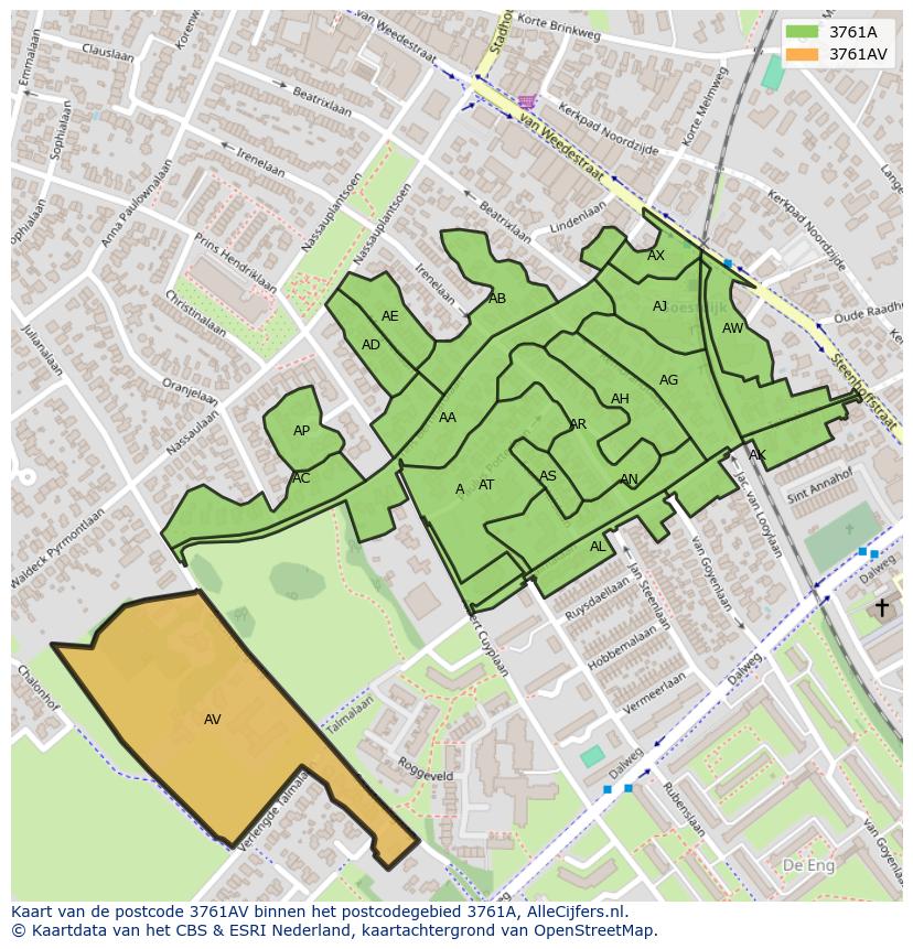 Afbeelding van het postcodegebied 3761 AV op de kaart.