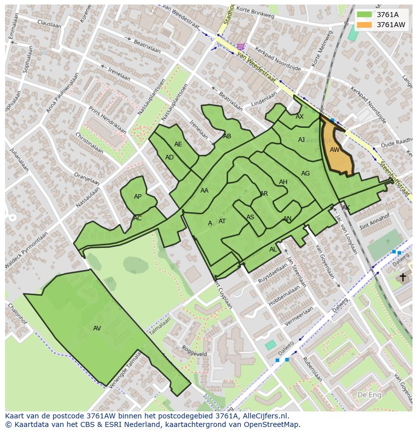 Afbeelding van het postcodegebied 3761 AW op de kaart.