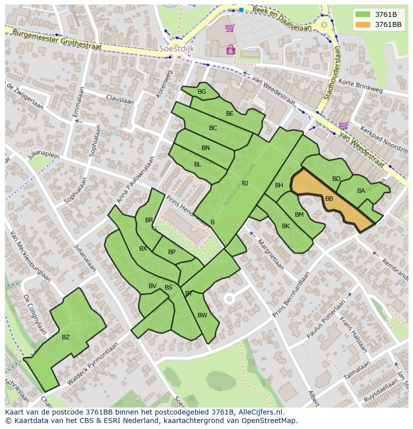 Afbeelding van het postcodegebied 3761 BB op de kaart.