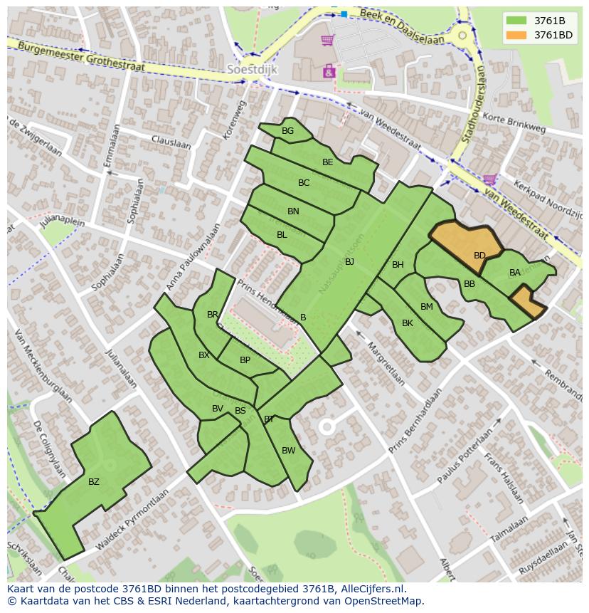 Afbeelding van het postcodegebied 3761 BD op de kaart.