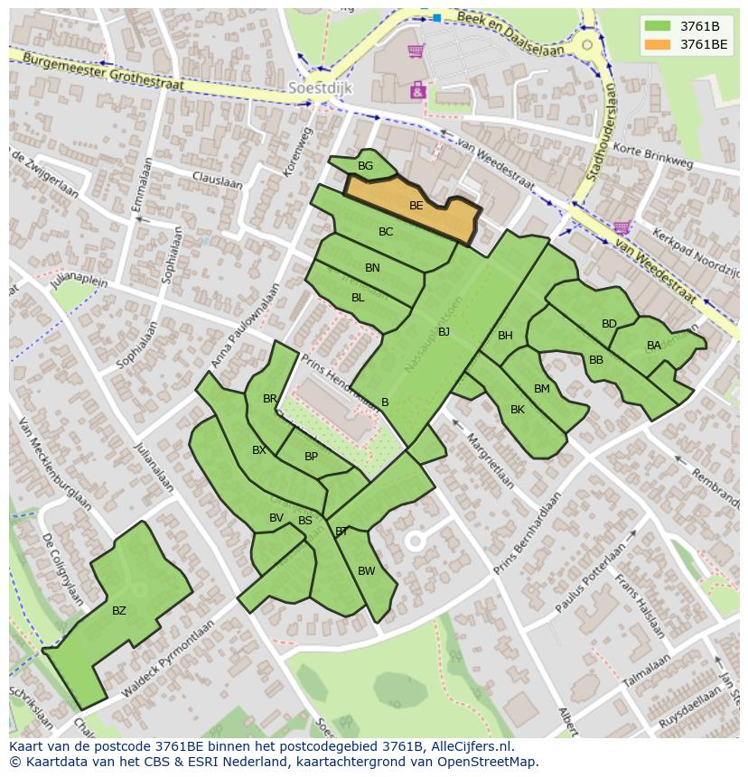 Afbeelding van het postcodegebied 3761 BE op de kaart.