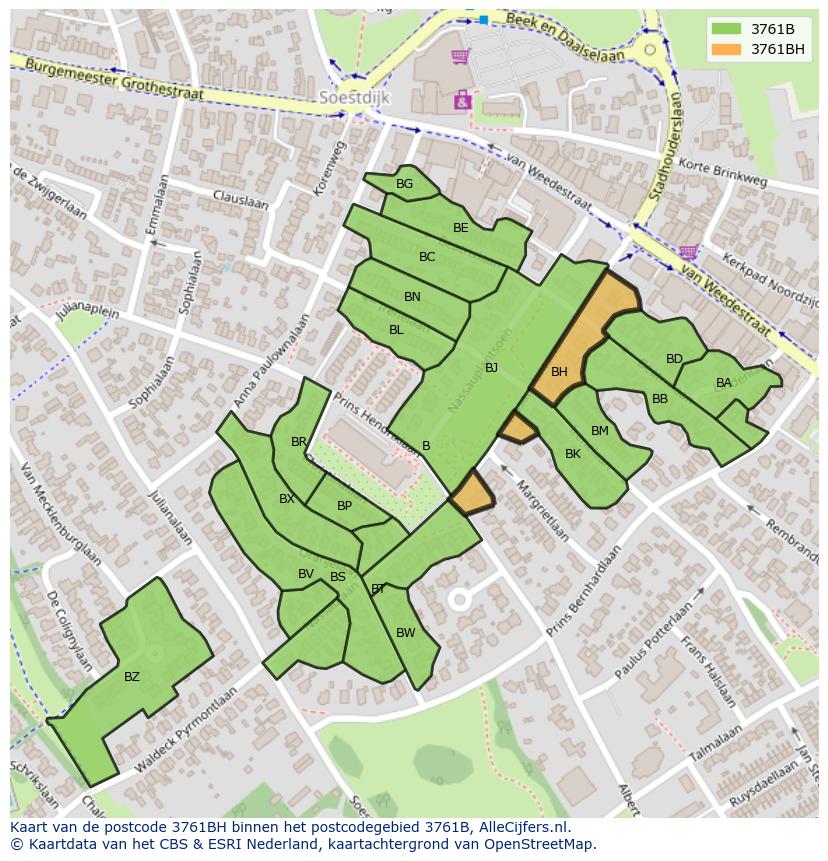 Afbeelding van het postcodegebied 3761 BH op de kaart.