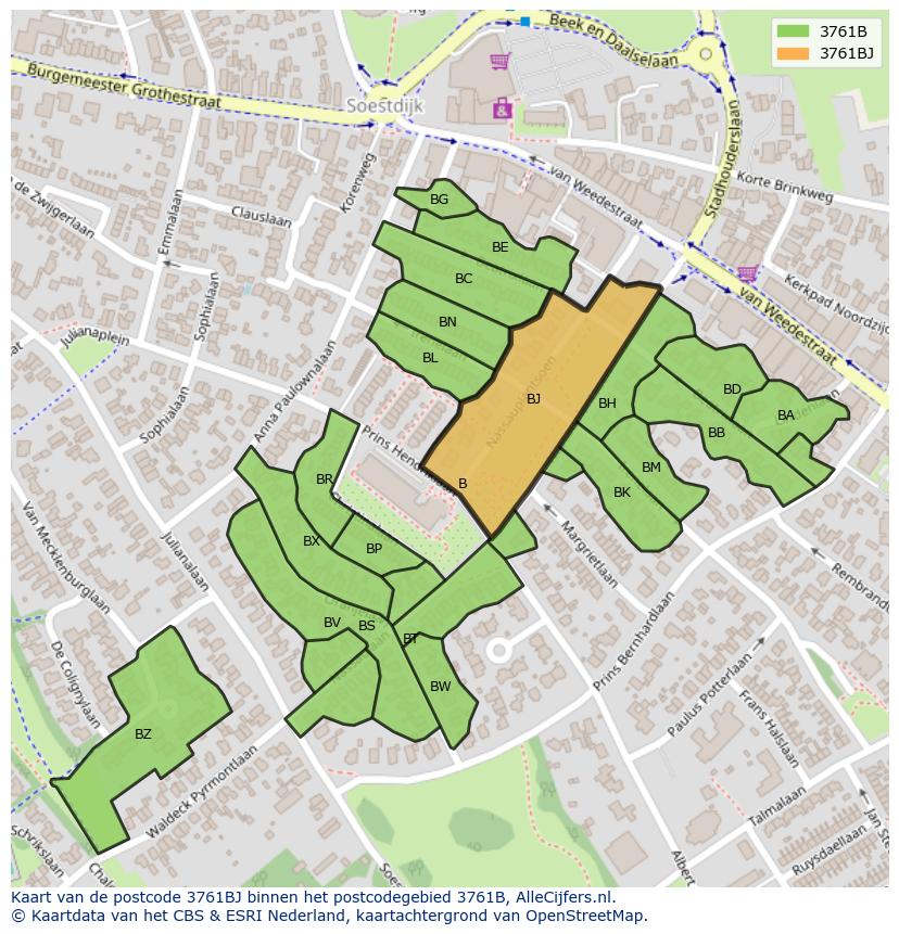 Afbeelding van het postcodegebied 3761 BJ op de kaart.