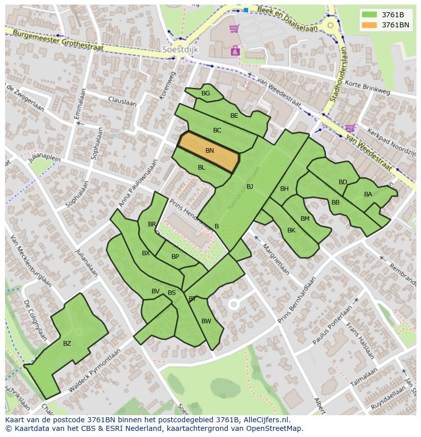Afbeelding van het postcodegebied 3761 BN op de kaart.
