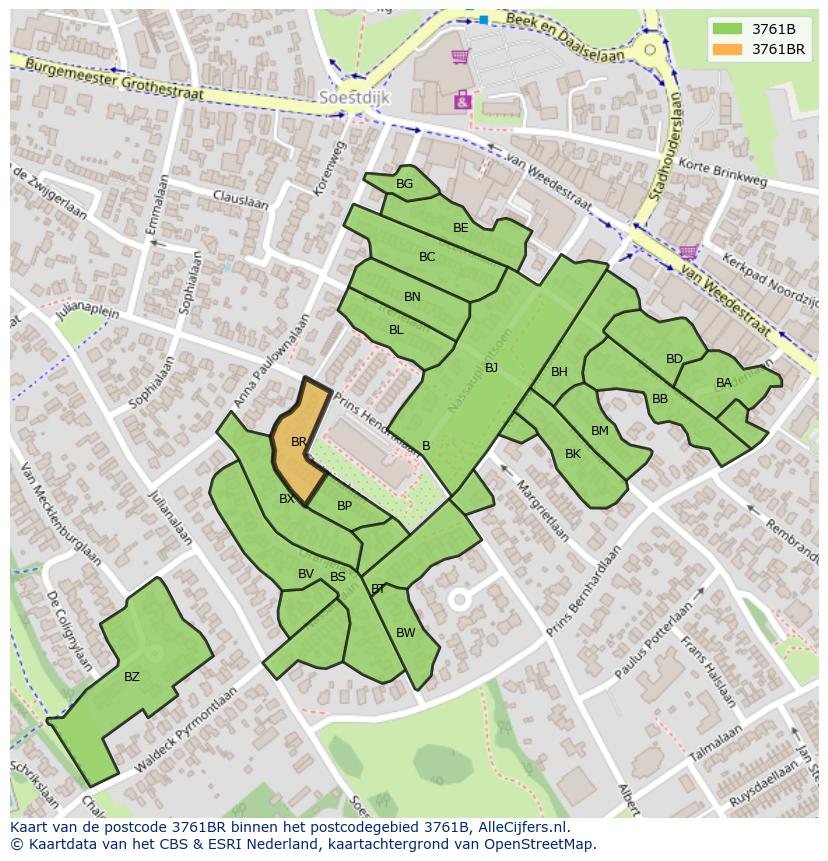 Afbeelding van het postcodegebied 3761 BR op de kaart.
