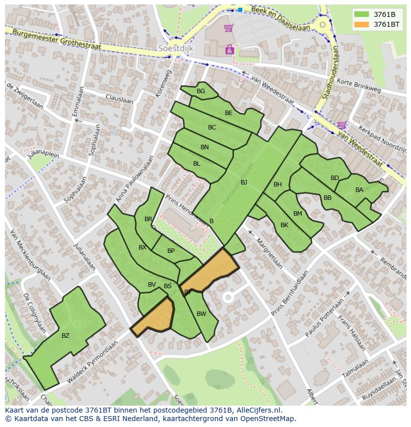 Afbeelding van het postcodegebied 3761 BT op de kaart.