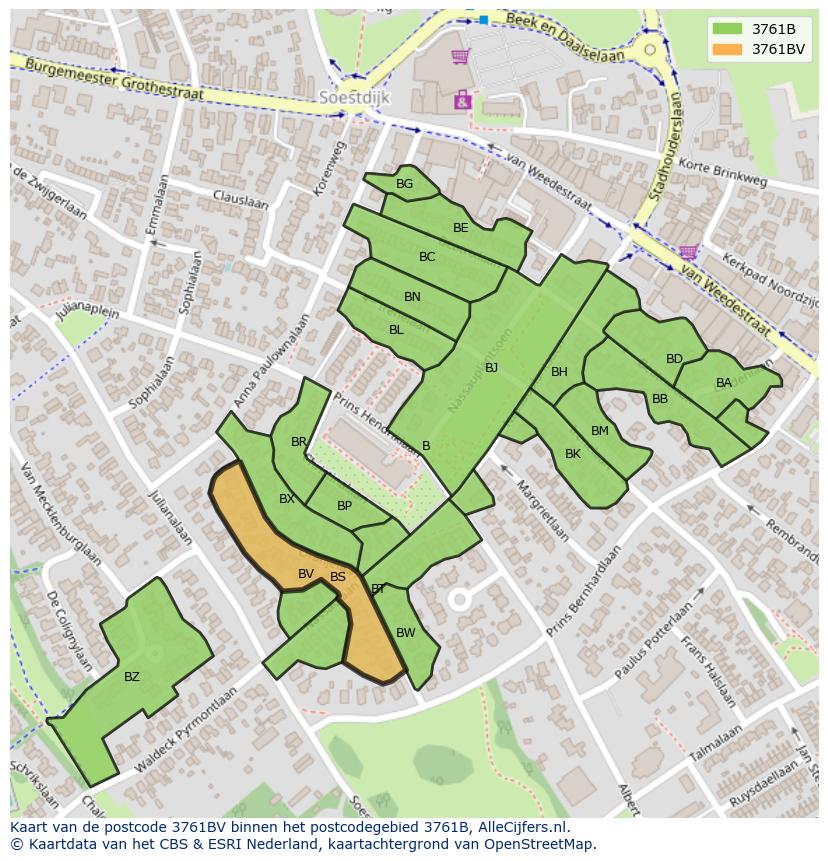 Afbeelding van het postcodegebied 3761 BV op de kaart.