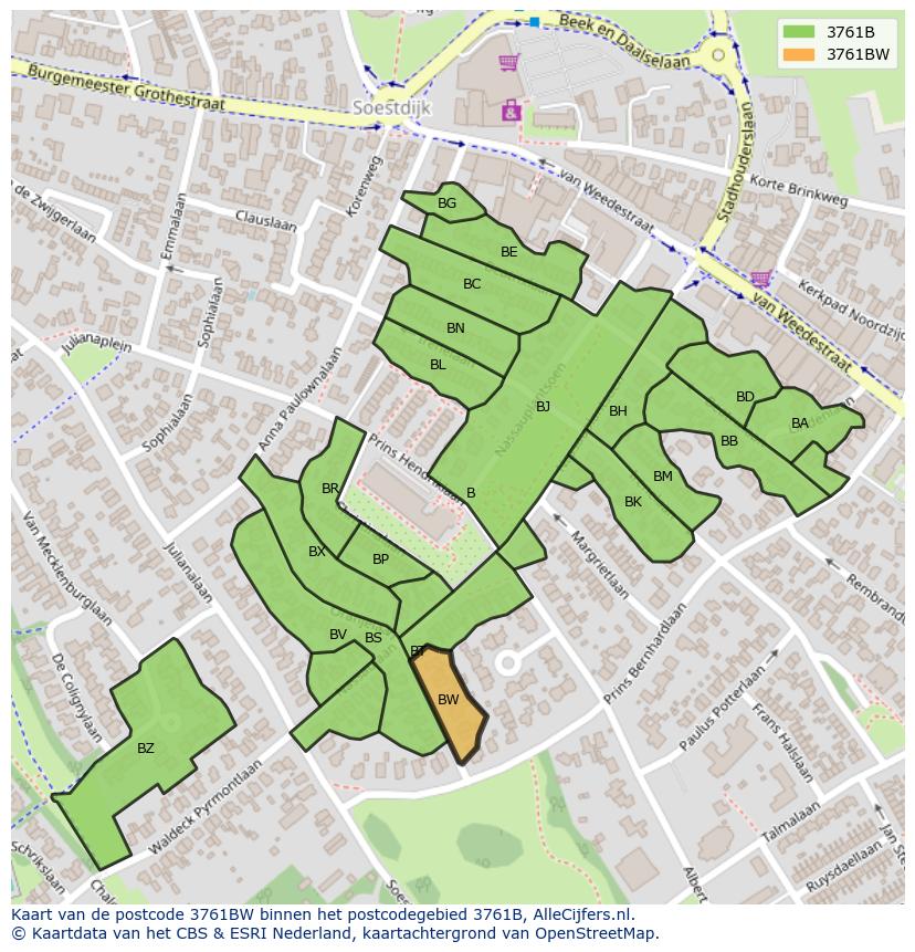 Afbeelding van het postcodegebied 3761 BW op de kaart.