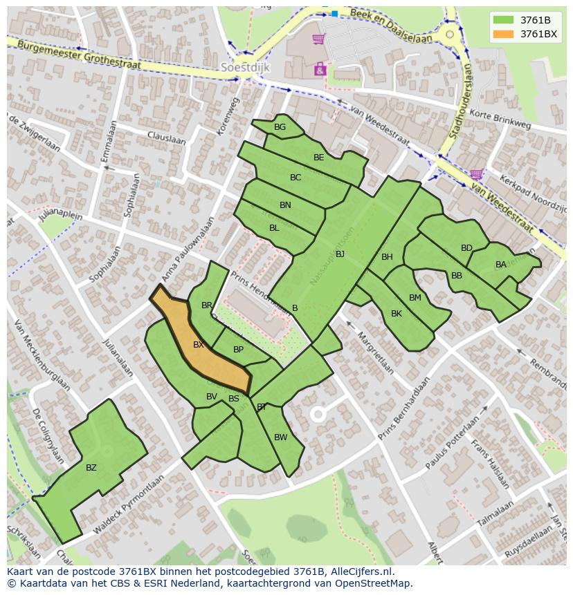 Afbeelding van het postcodegebied 3761 BX op de kaart.