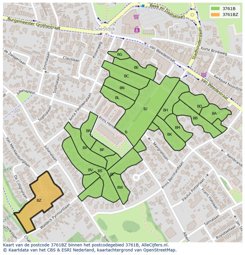 Afbeelding van het postcodegebied 3761 BZ op de kaart.