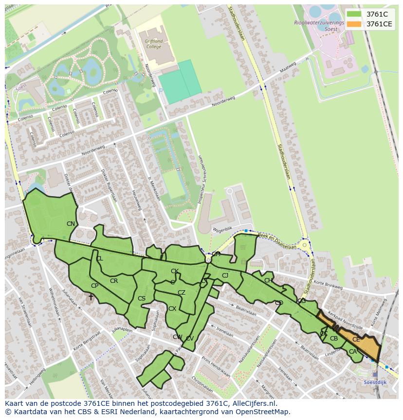Afbeelding van het postcodegebied 3761 CE op de kaart.