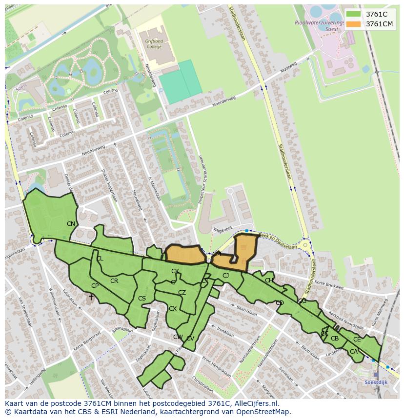 Afbeelding van het postcodegebied 3761 CM op de kaart.