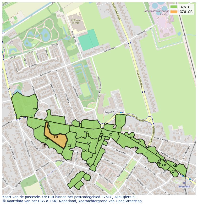 Afbeelding van het postcodegebied 3761 CR op de kaart.