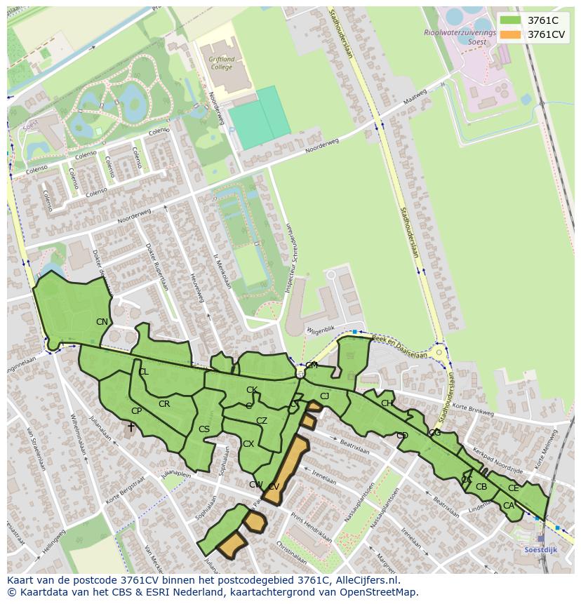 Afbeelding van het postcodegebied 3761 CV op de kaart.