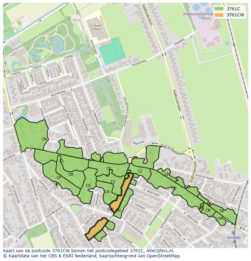 Afbeelding van het postcodegebied 3761 CW op de kaart.