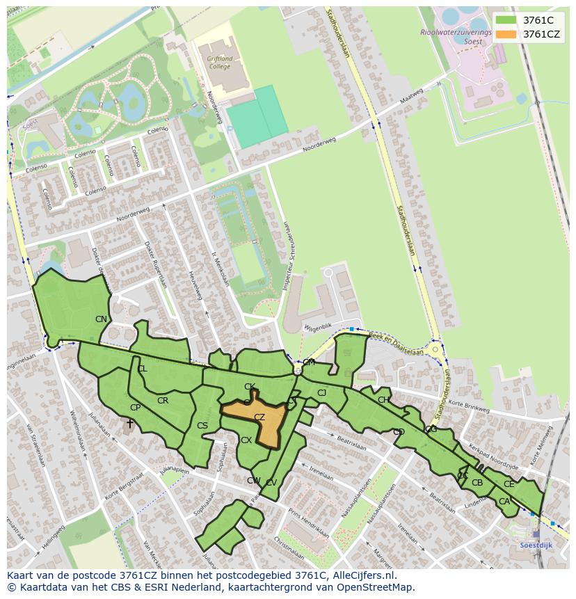 Afbeelding van het postcodegebied 3761 CZ op de kaart.