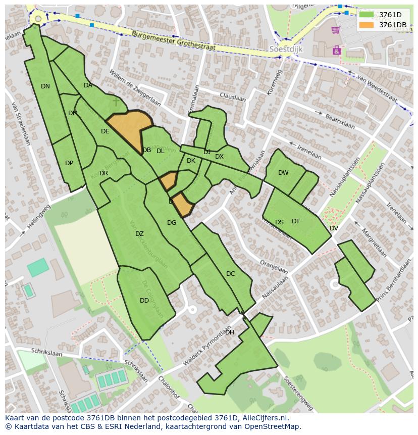 Afbeelding van het postcodegebied 3761 DB op de kaart.