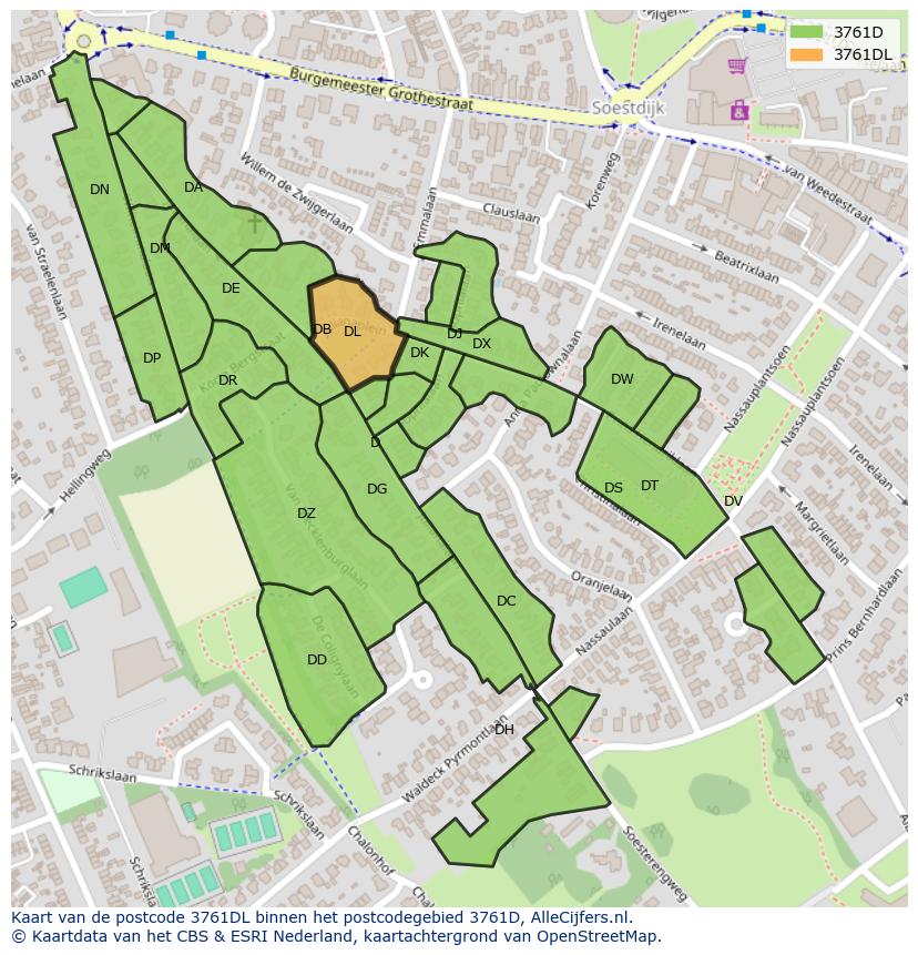 Afbeelding van het postcodegebied 3761 DL op de kaart.