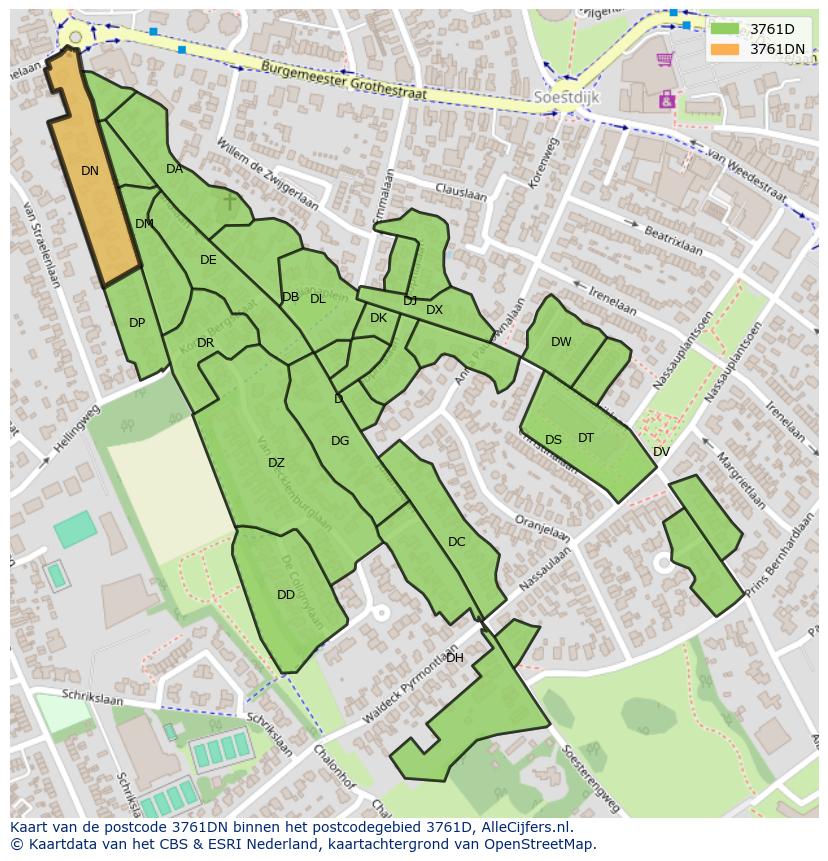 Afbeelding van het postcodegebied 3761 DN op de kaart.