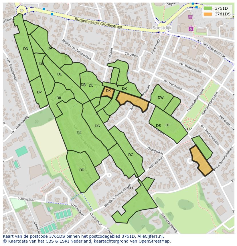 Afbeelding van het postcodegebied 3761 DS op de kaart.