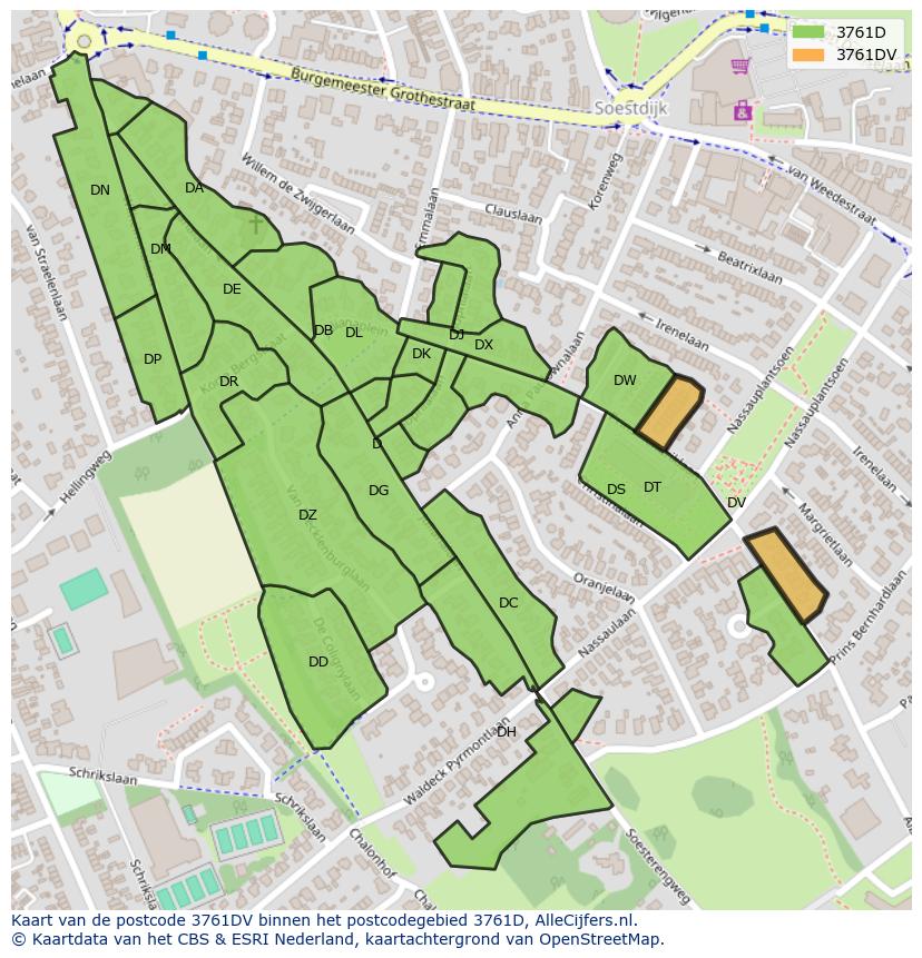 Afbeelding van het postcodegebied 3761 DV op de kaart.