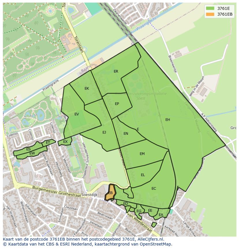 Afbeelding van het postcodegebied 3761 EB op de kaart.