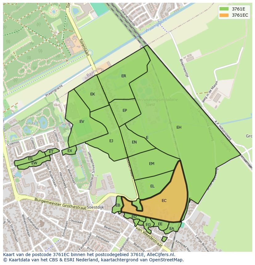 Afbeelding van het postcodegebied 3761 EC op de kaart.