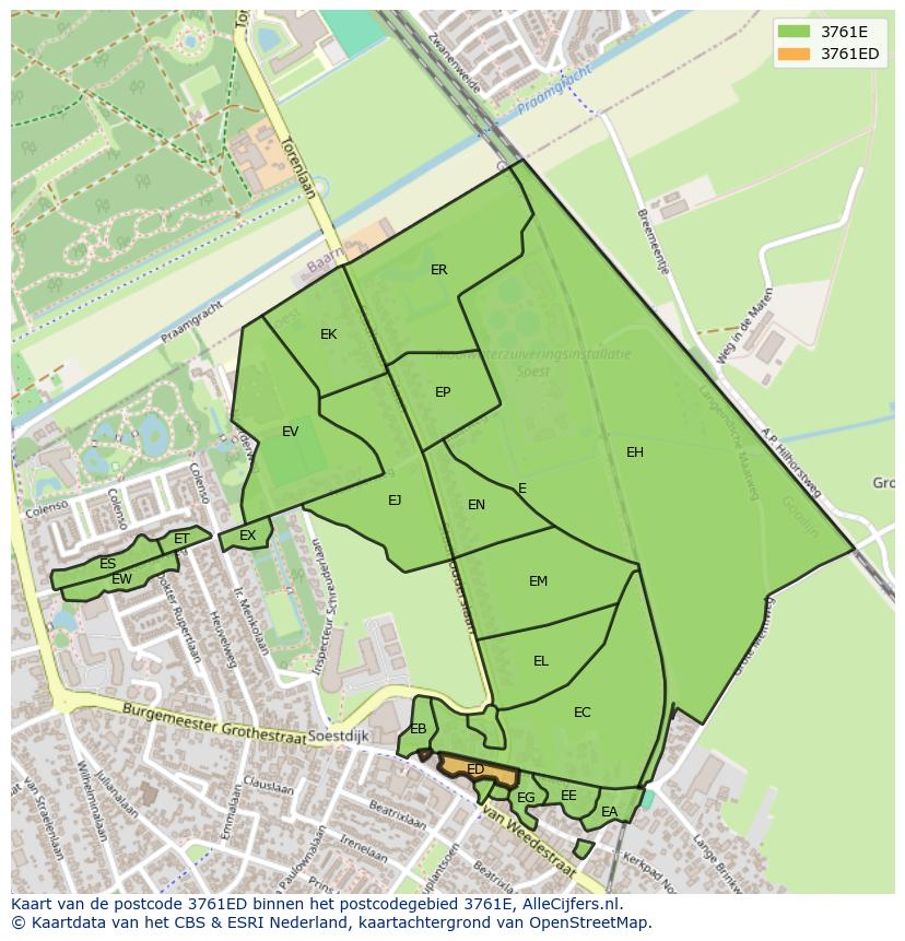 Afbeelding van het postcodegebied 3761 ED op de kaart.