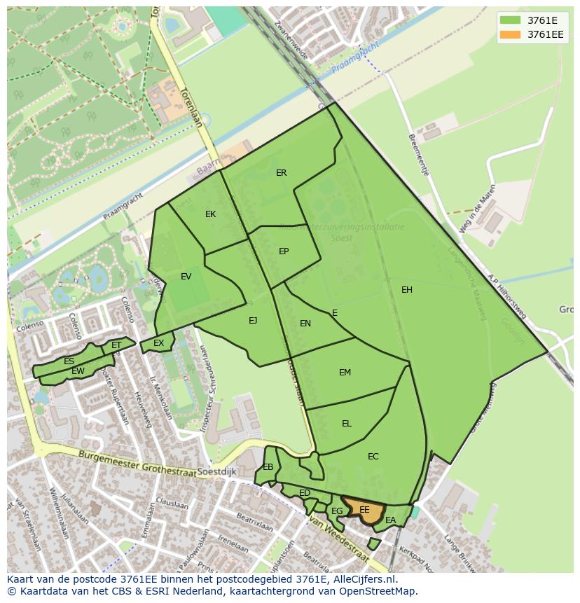 Afbeelding van het postcodegebied 3761 EE op de kaart.