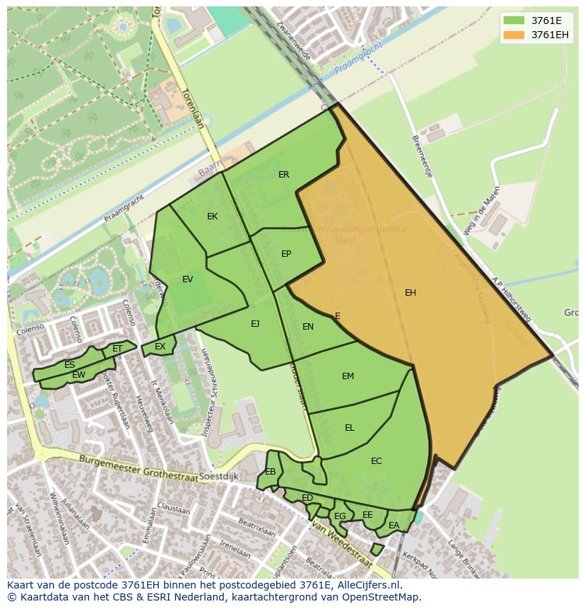 Afbeelding van het postcodegebied 3761 EH op de kaart.