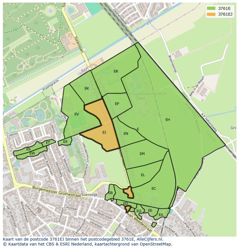 Afbeelding van het postcodegebied 3761 EJ op de kaart.