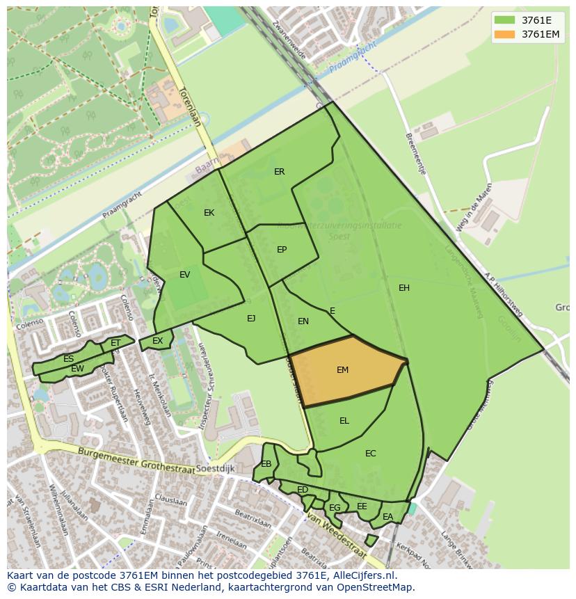Afbeelding van het postcodegebied 3761 EM op de kaart.