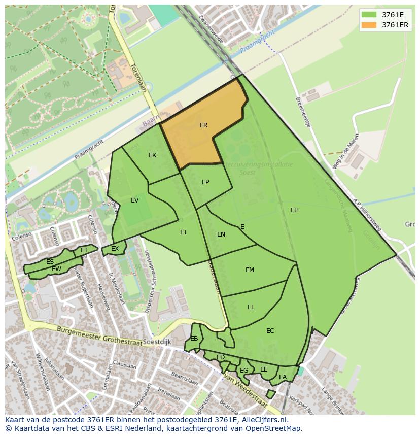 Afbeelding van het postcodegebied 3761 ER op de kaart.