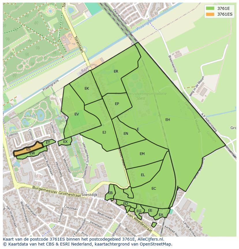 Afbeelding van het postcodegebied 3761 ES op de kaart.
