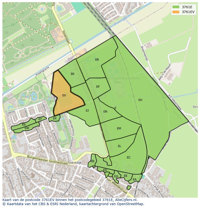 Afbeelding van het postcodegebied 3761 EV op de kaart.